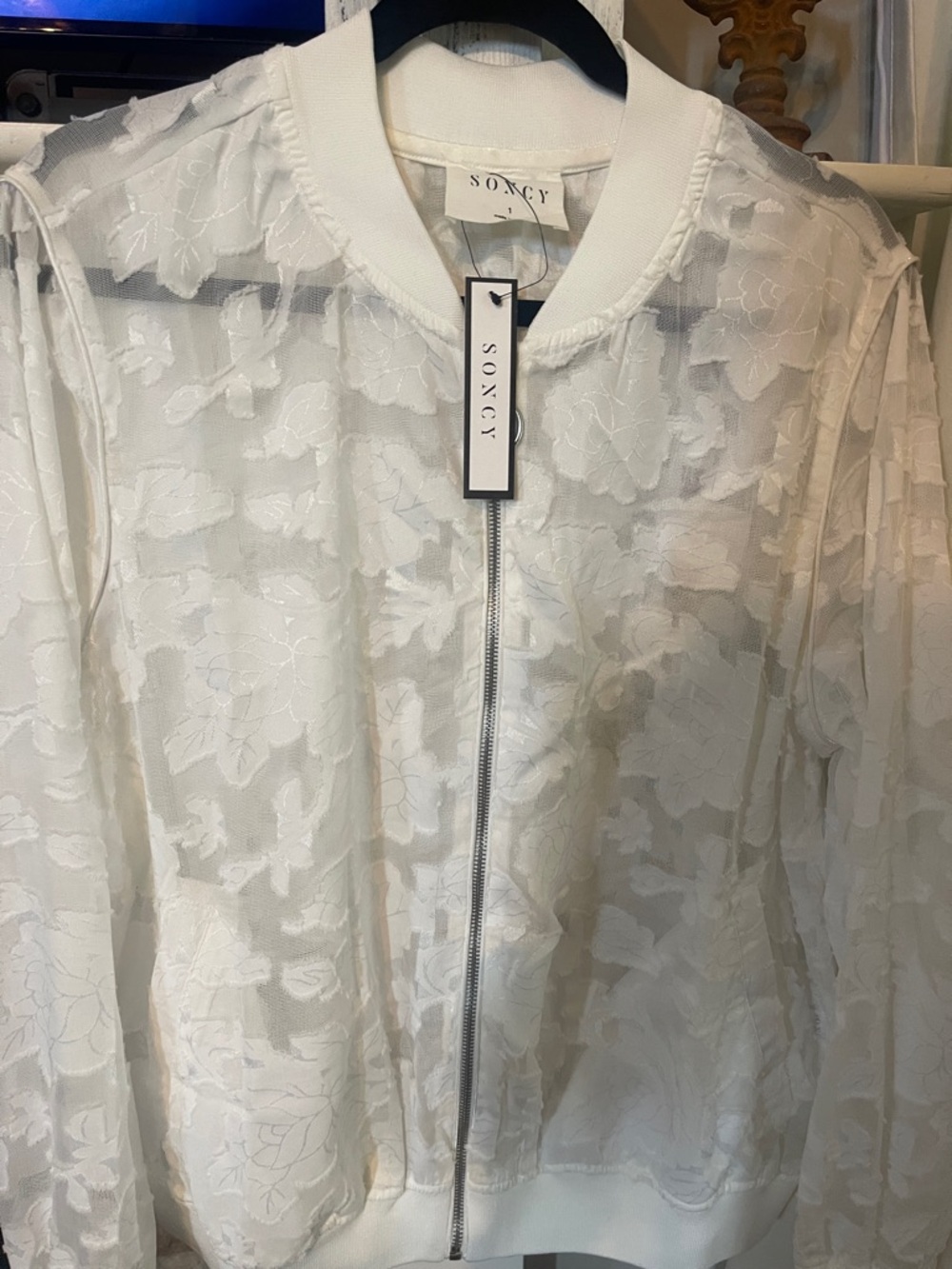 SONCY White Floral Sheer Zip Bomber Jacket SZ 1 - NWT